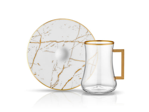 Dervish Marble Handle Tea Glass and Saucer - White & Shiny Gold-Tea Sets-K-United