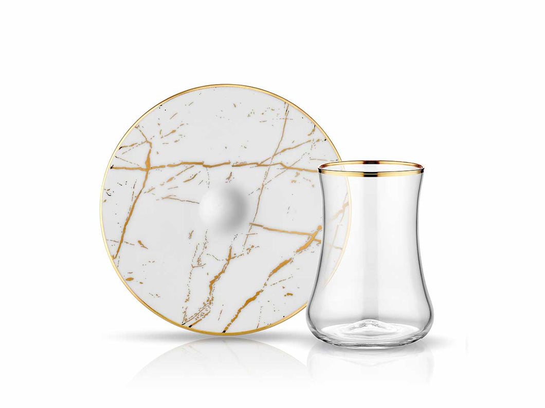 Dervish Marble Tea Glass and Saucer - White & Shiny Gold-Tea Sets-K-United