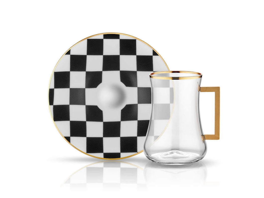 Dervish Checkerboard Handle Tea Glass and Saucer-Tea Sets-K-United