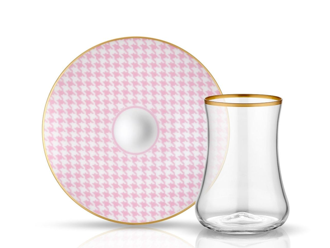 Dervish Tartan Pink Tea Glass and Saucer - Gold Rim