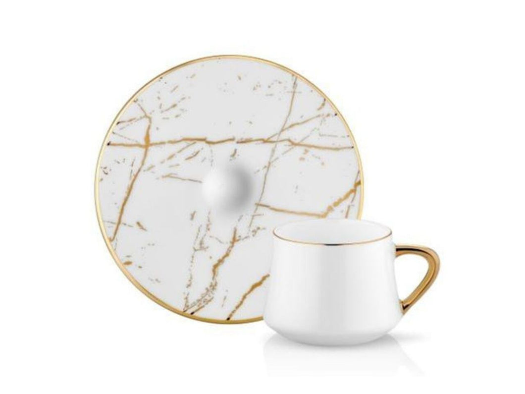 Sufi Coffee Cup and Saucer - Marble White & Shiny Gold - 90cc-Cups, Saucers & Mugs-K-United